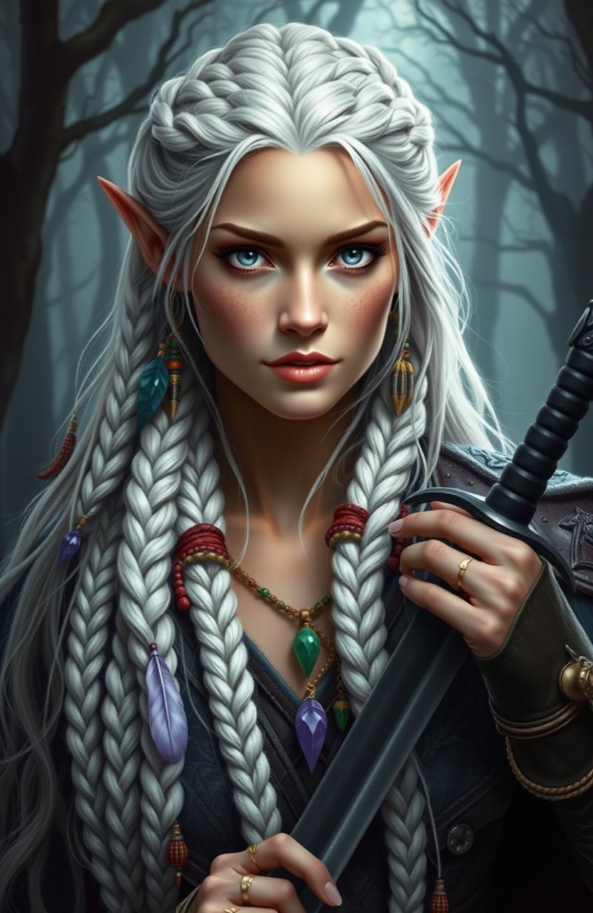 A beautiful elven woman with striking gray eyes and long white hair intricately braided into numerous plaits, adorned with colorful beads and feathers
