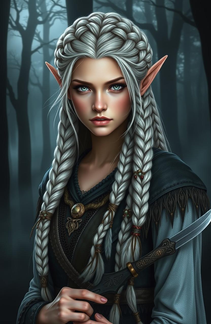 A beautiful elven woman with grey eyes and long white hair intricately braided into multiple braids adorned with beads and feathers