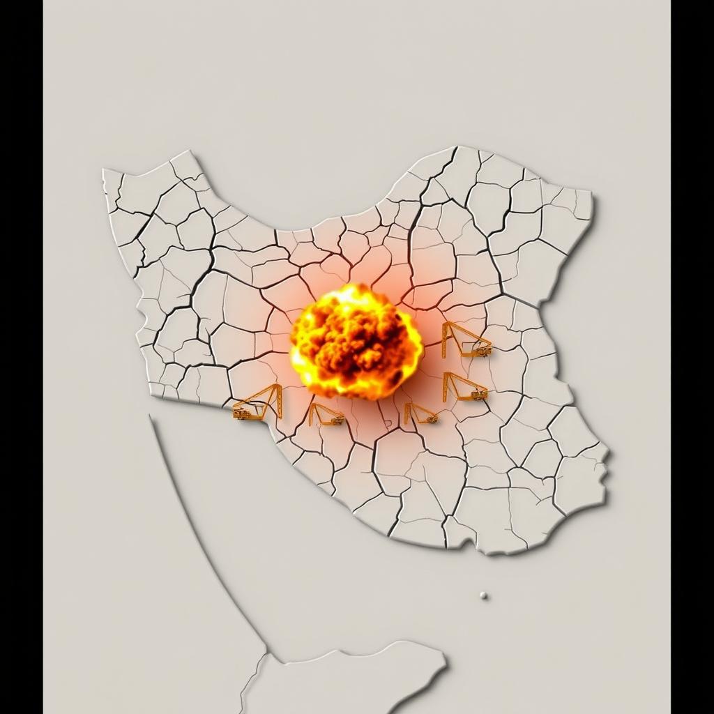 A precisely shaped map of Iran featuring intricate cracks all over its surface, symbolizing distress