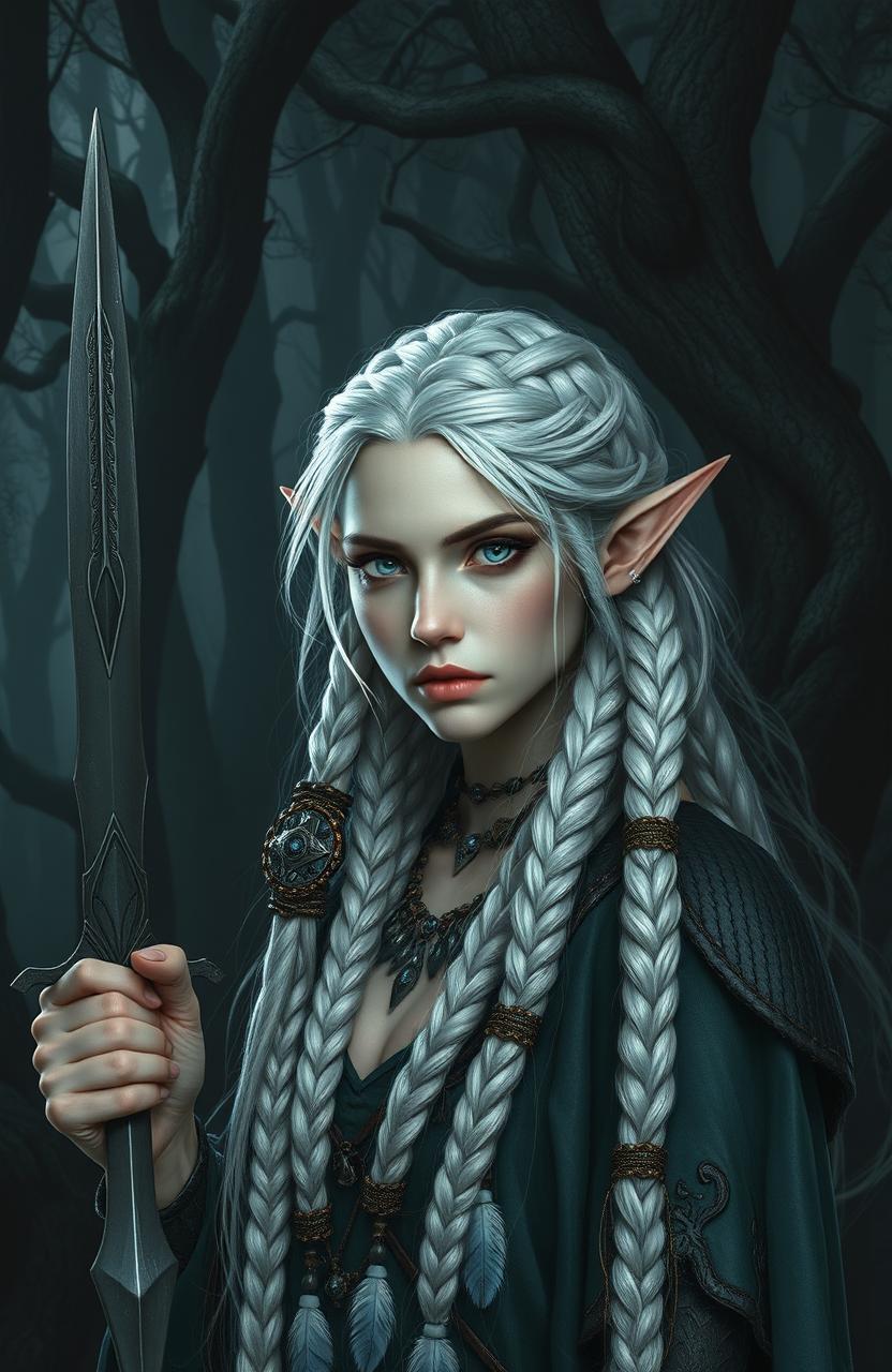 A beautiful elf woman with grey eyes and long white hair intricately braided into multiple braids, adorned with beads and feathers