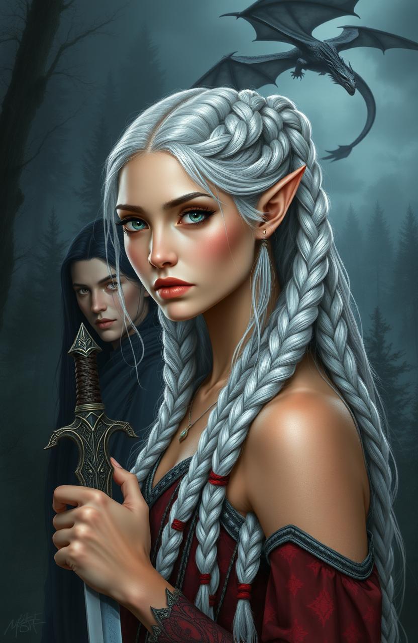 A beautiful elf with grey eyes and white hair intricately braided into multiple braids, adorned with beads and feathers