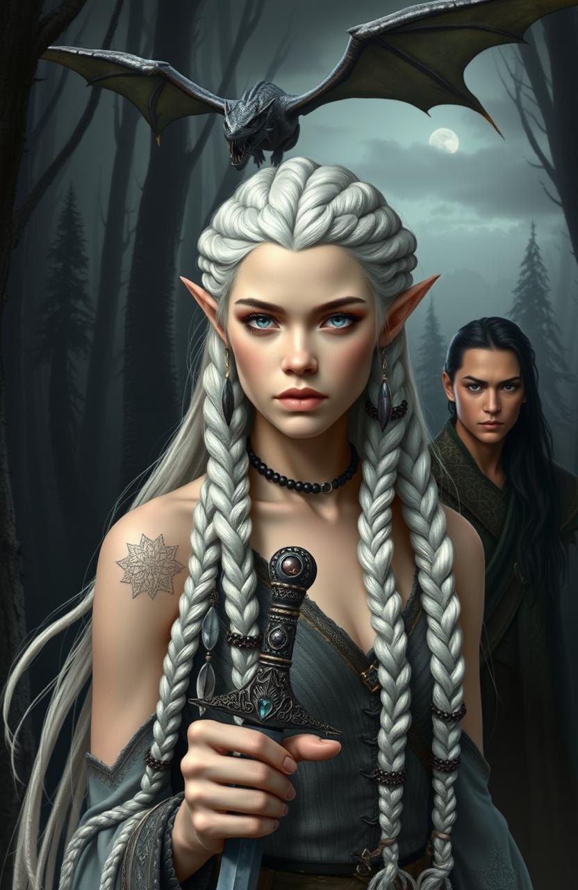 A beautiful elven woman with gray eyes and white hair intricately braided into multiple braids, adorned with beads and feathers