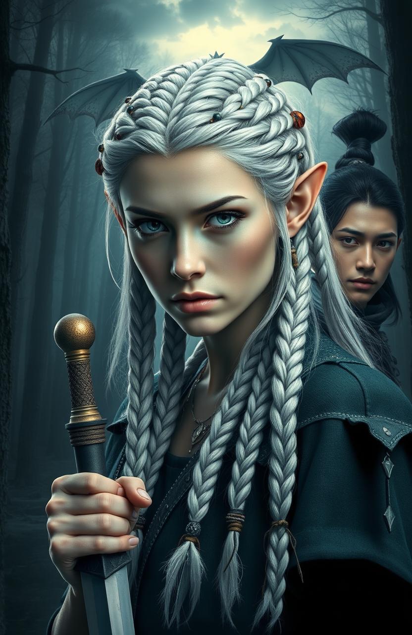 A beautiful elven woman with striking gray eyes and white hair intricately braided into numerous small braids adorned with beads and feathers