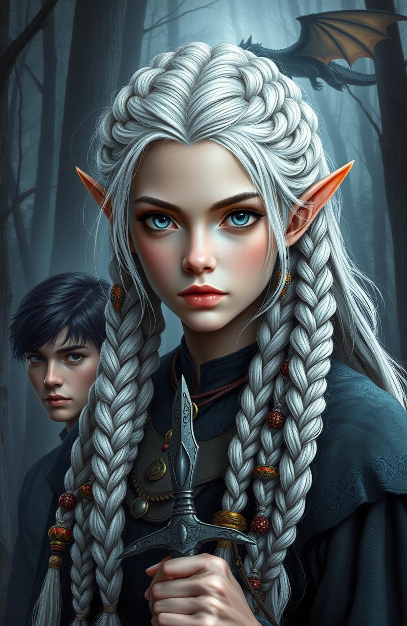 A beautiful elf girl with grey eyes and white hair, intricately braided into numerous plaits decorated with beads and feathers