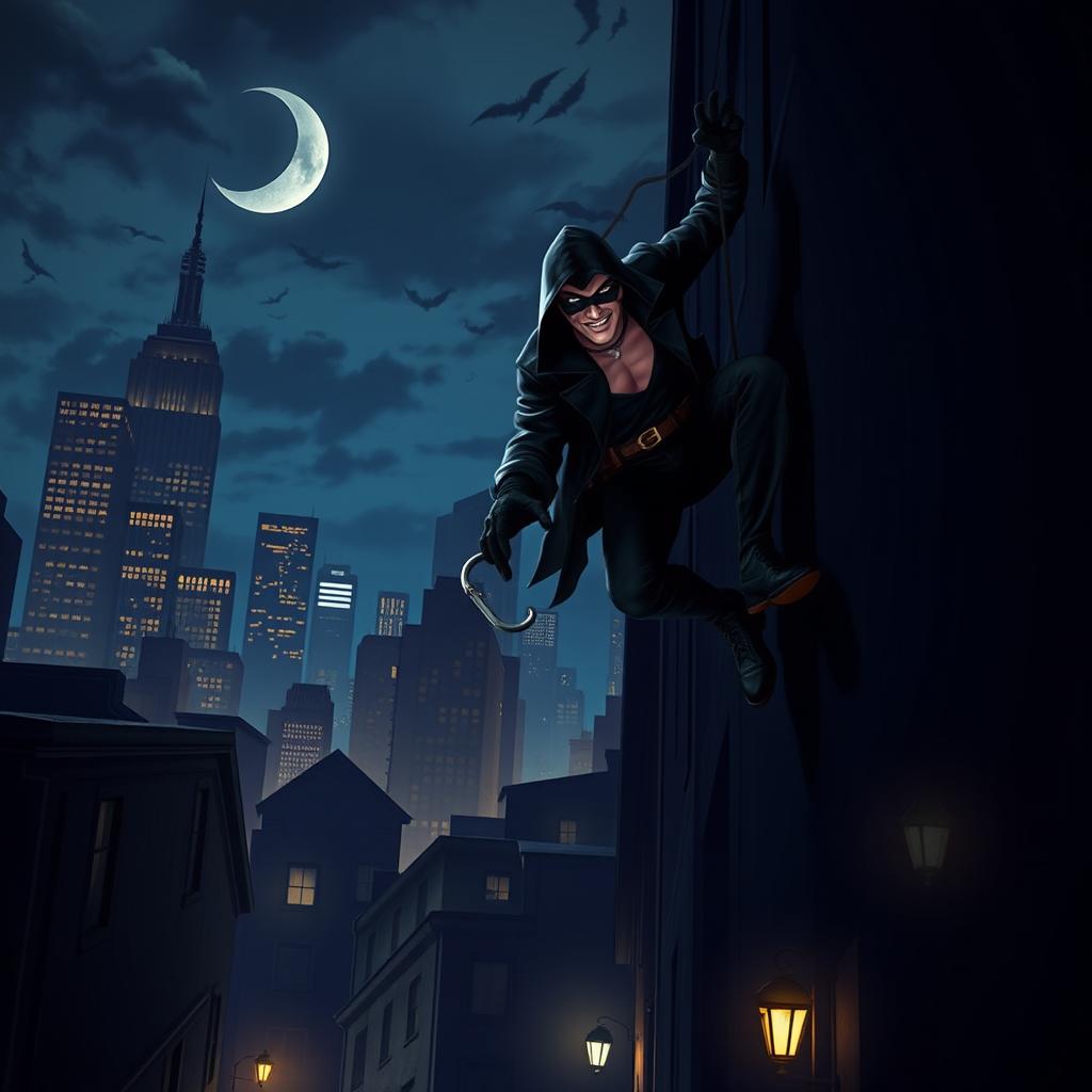A master thief, adorned in sleek black attire, skillfully navigating through a shadowy cityscape at night