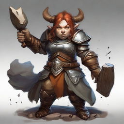 An unarmed female dwarf, a master of earth and wood bending, dressed in formidable heavy armor, exerts her elemental control causing wooden splinters and rocks to float and gyrate around her.