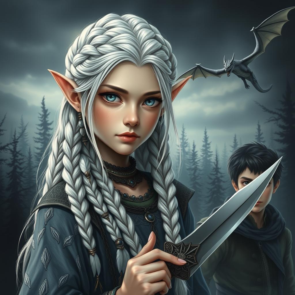 A beautiful elf girl with grey eyes and white hair, intricately braided into numerous plaits adorned with beads and feathers