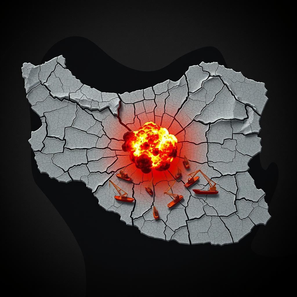 A precisely shaped map of Iran with intricate cracks covering the entire surface, symbolizing distress and turmoil