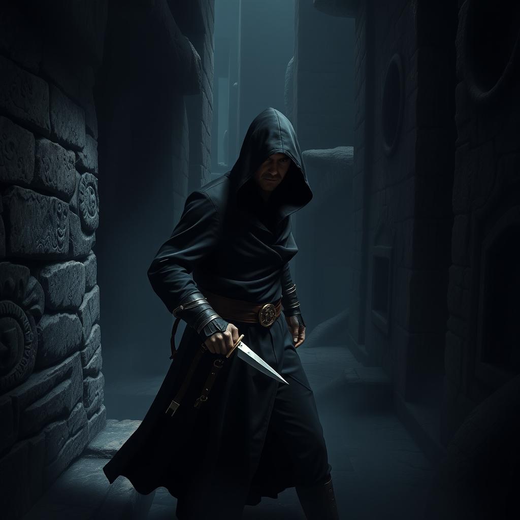 A dark labyrinth filled with twisting corridors and ominous shadows, with a master thief clad in a sleek black robe, skillfully navigating the maze