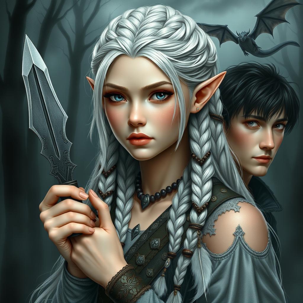 A realistic and beautiful elf girl with grey eyes and white hair, intricately braided into numerous plaits adorned with beads and feathers
