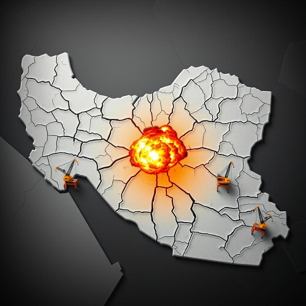 A precisely shaped map of Iran adorned with intricate cracks across its surface, representing turmoil and distress