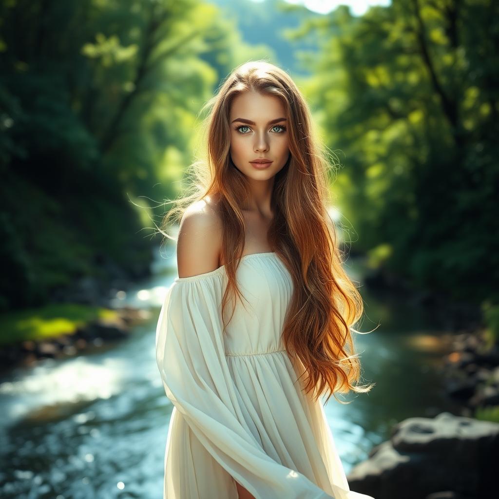 A stunning portrait of a young woman with long, flowing hair, standing by a picturesque riverbank