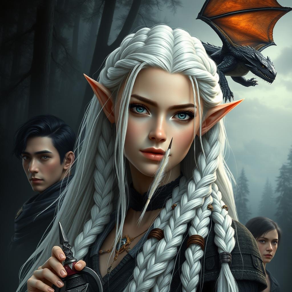 A realistic beautiful female elf with gray eyes and long white hair intricately braided into multiple plaits adorned with beads and feathers