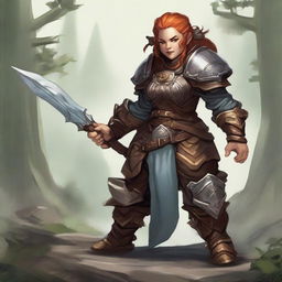 An unarmed female dwarf, a master of earth and wood bending, dressed in formidable heavy armor, exerts her elemental control causing wooden splinters and rocks to float and gyrate around her.