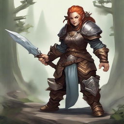 An unarmed female dwarf, a master of earth and wood bending, dressed in formidable heavy armor, exerts her elemental control causing wooden splinters and rocks to float and gyrate around her.