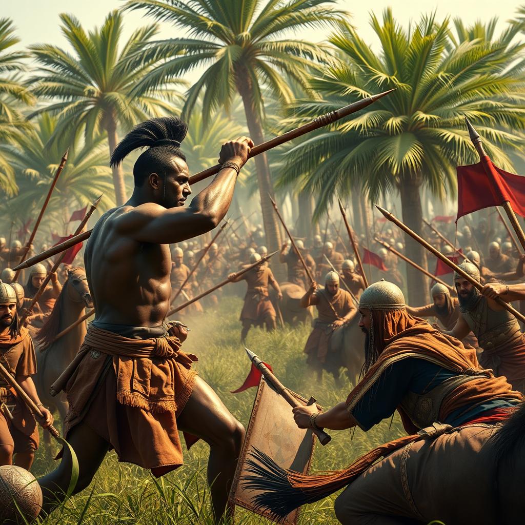 A scene depicting a strong, muscular black-skinned warrior, bare-bodied, delivering a fatal blow with a spear to the treacherous Musaylima, surrounded by Arab warriors in the midst of battle