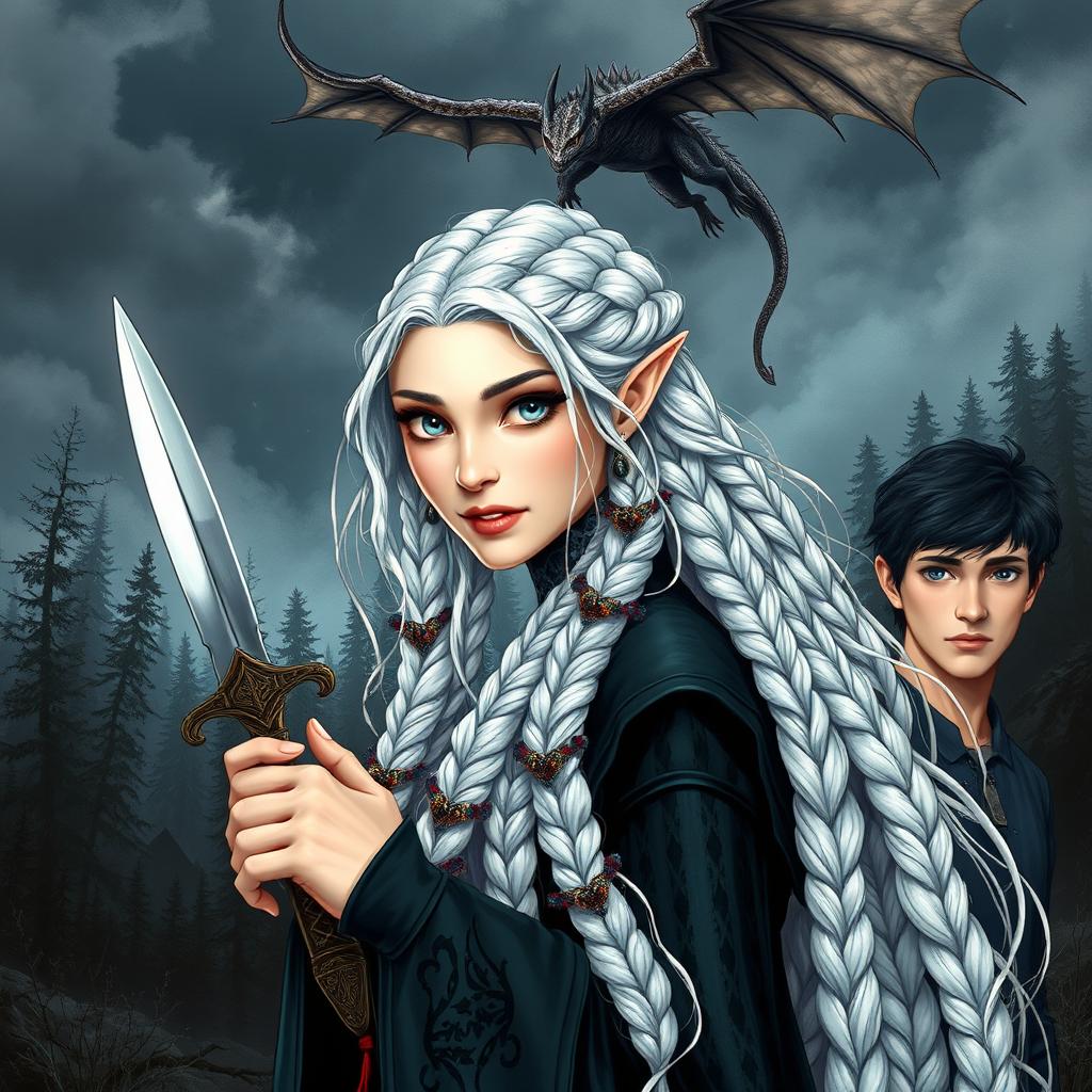 A beautiful book cover illustration in the style of romantic fantasy, featuring an elven woman with striking gray eyes and long white hair intricately braided into multiple plaits decorated with beads and feathers