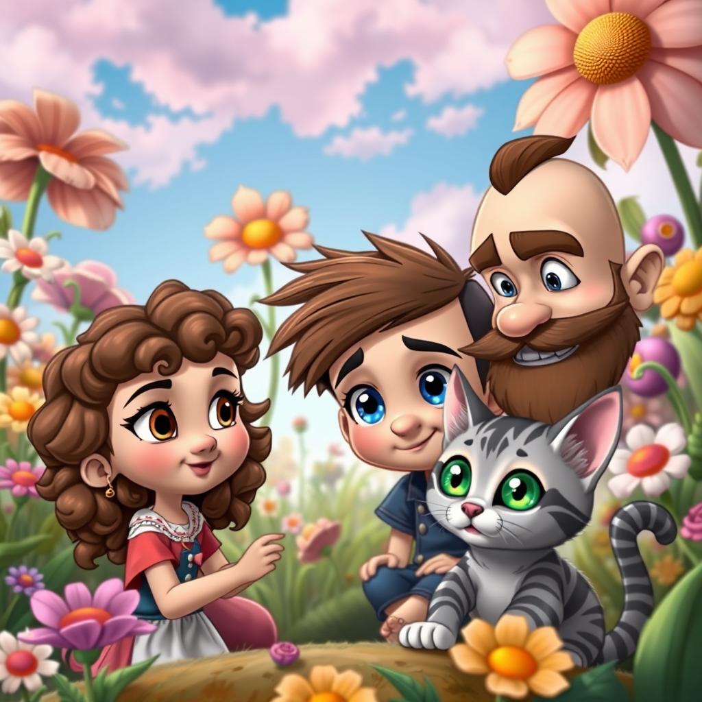 A whimsical cartoon scene inspired by Alice in Wonderland, featuring three main characters: a girl with curly brown hair and piercing brown eyes, adorned with a nose piercing, and of normal build; a boy with a shaved head, striking blue-green eyes, and a brown beard, also of normal build; and a playful gray striped kitten with large green eyes