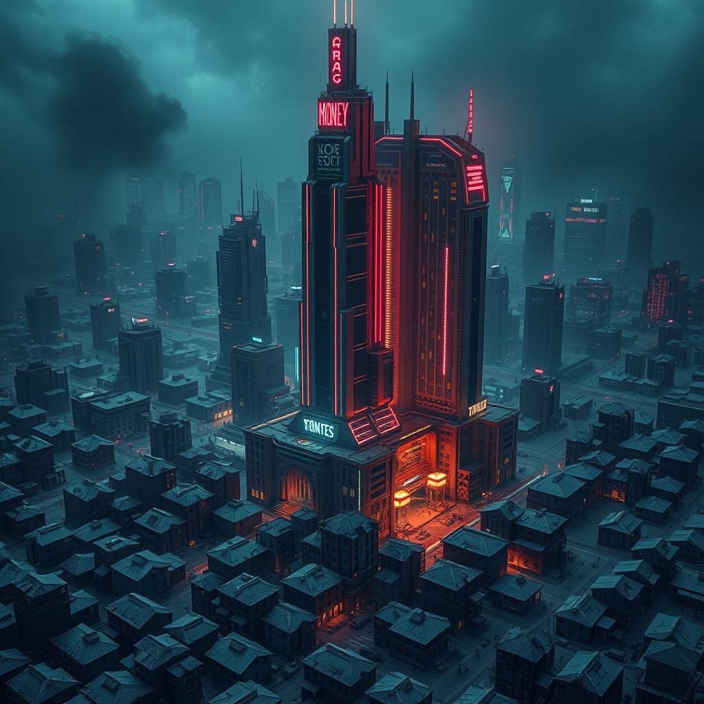 A dark dystopian city map featuring a central area known as the Money District dominated by tall, imposing skyscrapers, surrounded by a stark contrast of poor outskirts filled with smaller, dilapidated houses