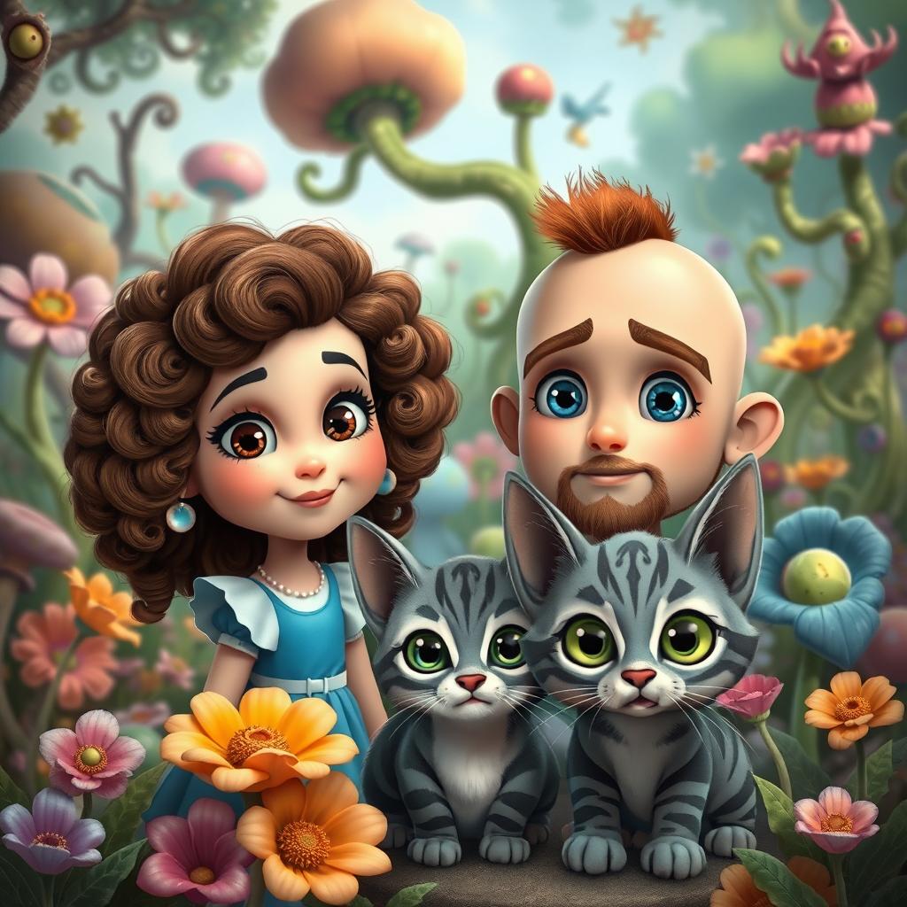 A whimsical cartoon scene inspired by Alice in Wonderland, featuring a curly brown-haired girl with brown eyes, a bald boy with blue and green eyes and a short brown beard, and a cute striped gray kitten with large green eyes