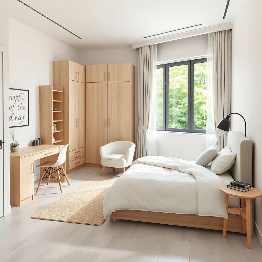 A beautifully designed bedroom showcasing a 105 cm nesting bed located against the right wall, with the headboard oriented towards the interior of the room