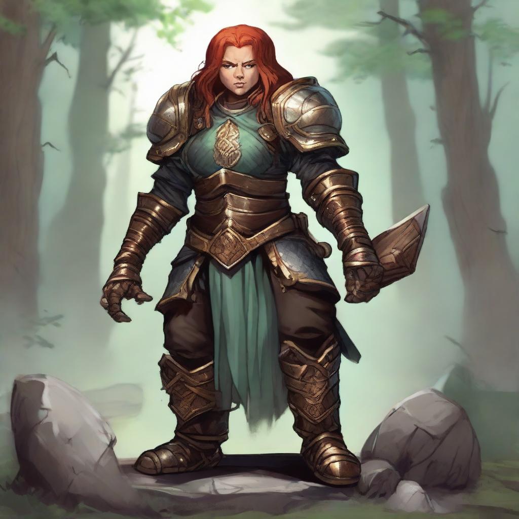 An unarmed female dwarf, a master of earth and wood bending, dressed in formidable heavy armor, exerts her elemental control causing wooden splinters and rocks to float and gyrate around her.