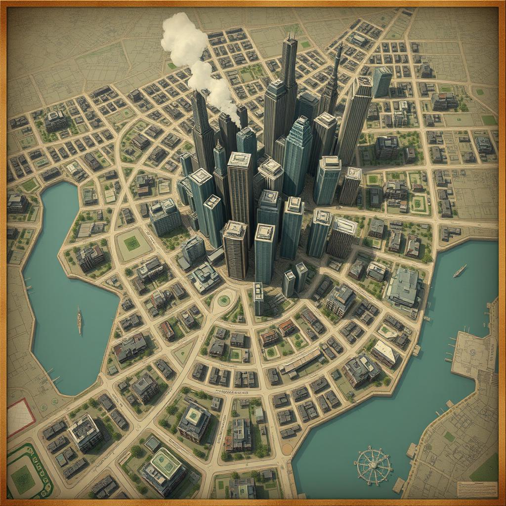 A large city map featuring a dystopian city layout, with towering skyscrapers concentrated in the Money district at the center, symbolizing wealth and corporate power