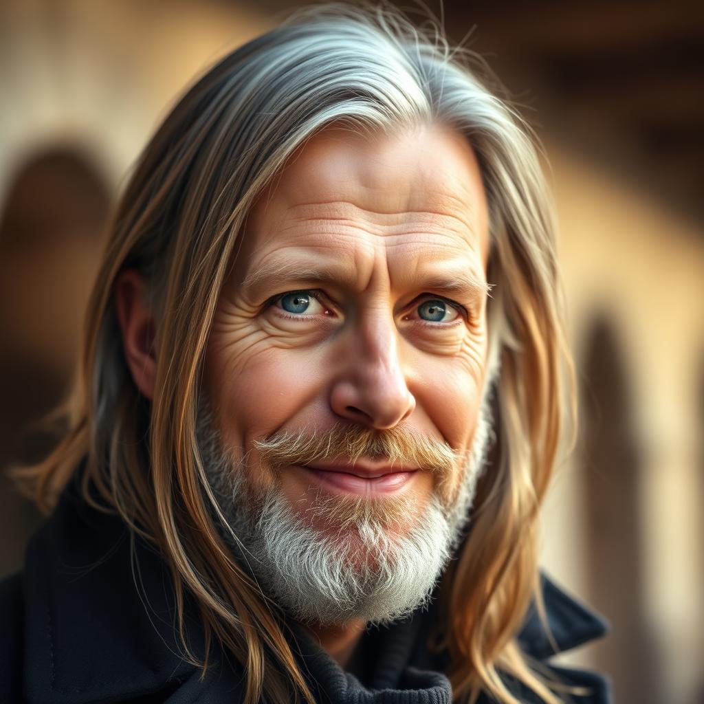 A highly detailed portrait of a middle-aged man with long hair that reaches his shoulders, wearing a stylish dark coat