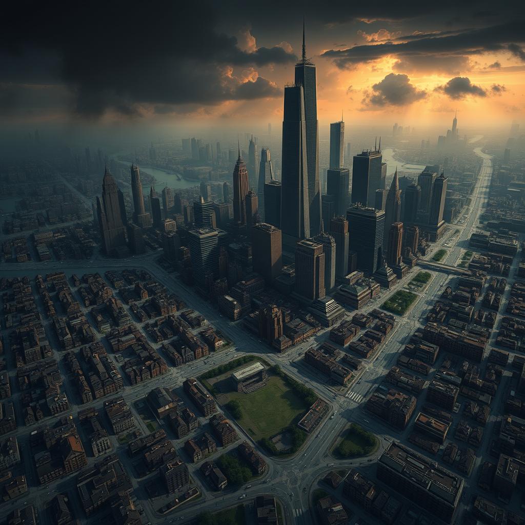 A detailed map illustration of a large, dark dystopian city, featuring a central Money District with towering skyscrapers symbolizing wealth and power