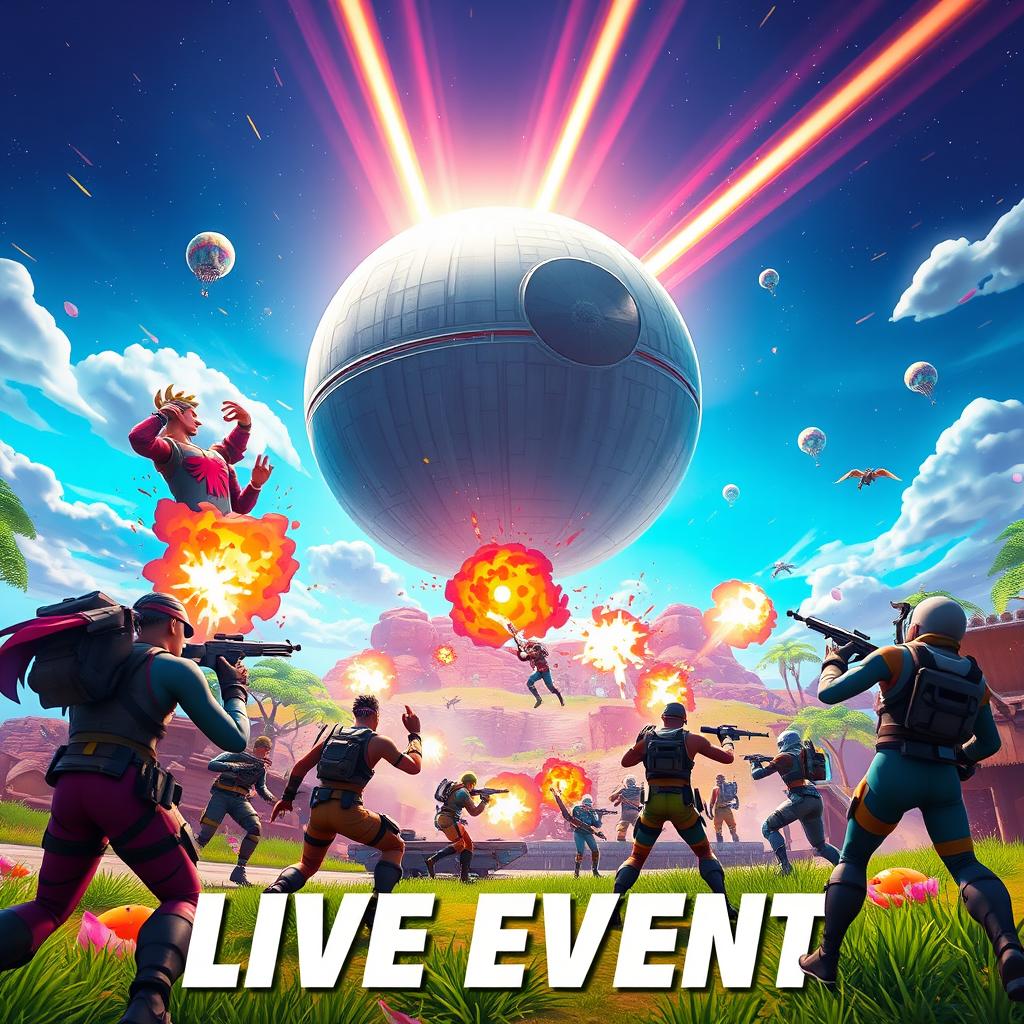 A dynamic and action-packed Fortnite live event thumbnail featuring a massive Death Star floating ominously in the sky above a vibrant, colorful landscape