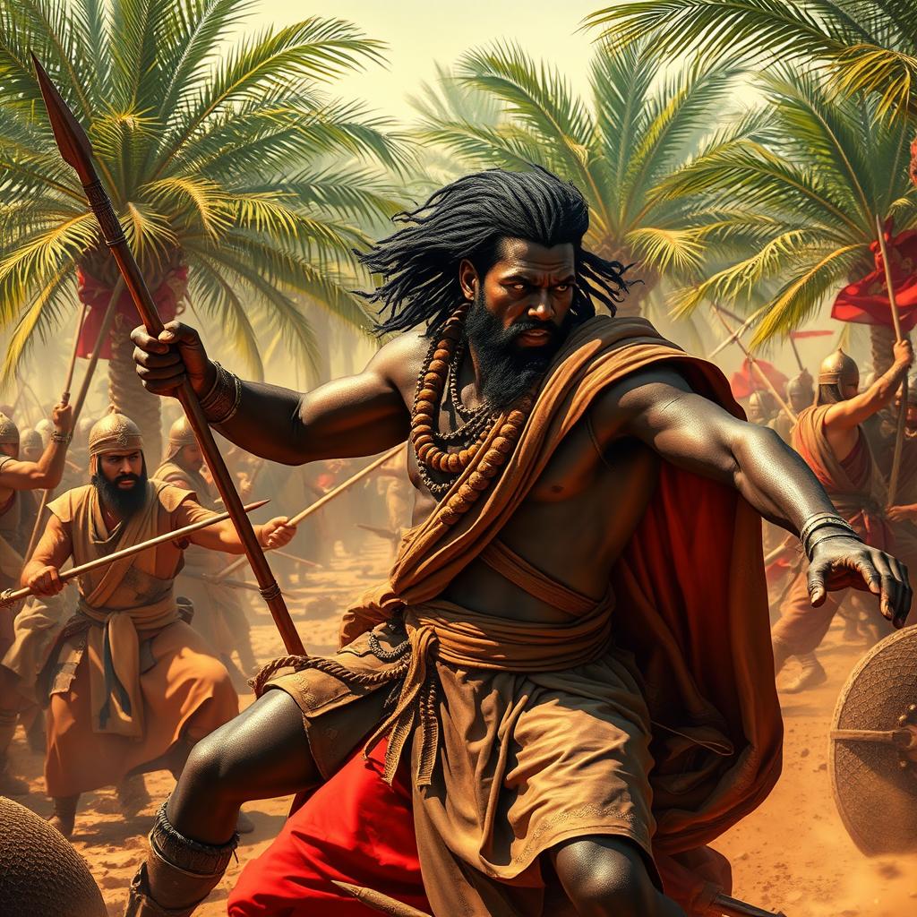 A scene depicting a strong black-skinned warrior with deep, rich complexion delivering a fatal blow with a spear to the treacherous Musaylima, surrounded by Arab warriors engaged in battle