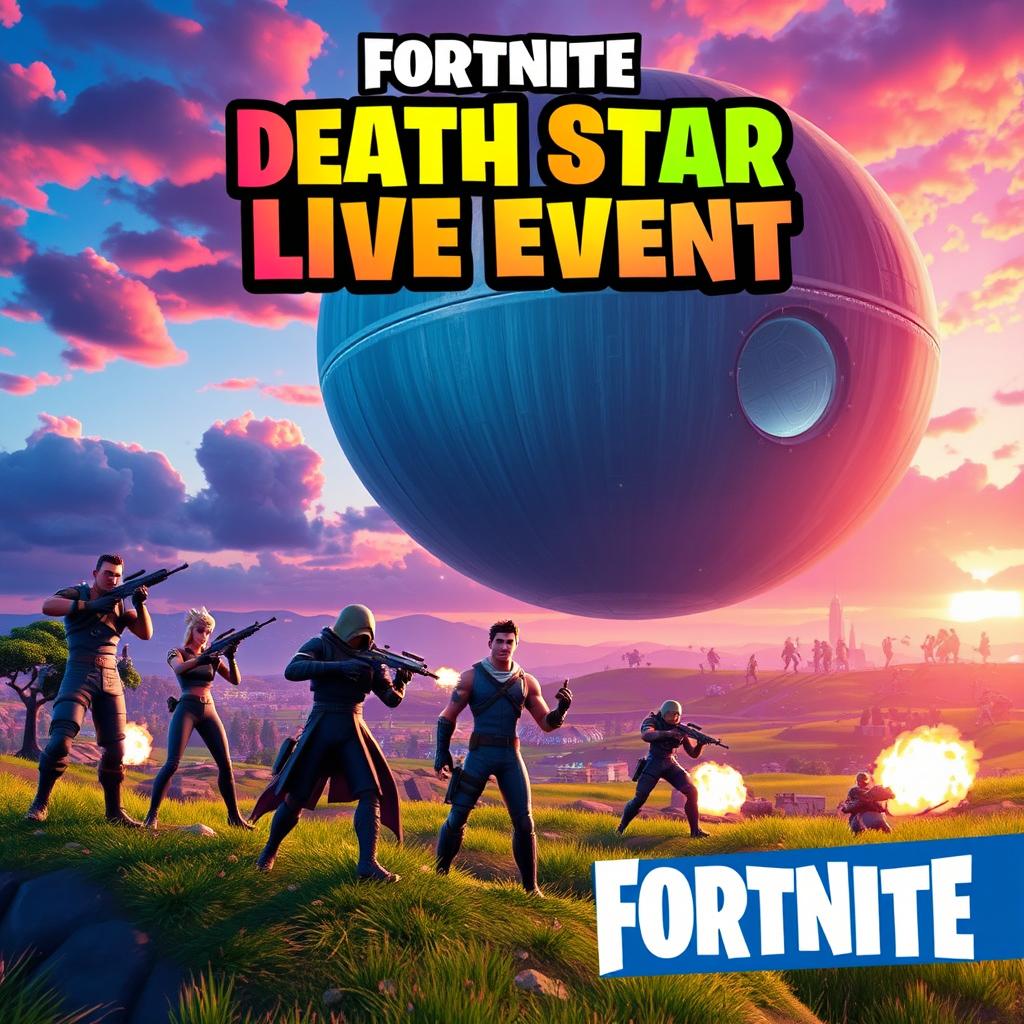 An exciting thumbnail for a Fortnite live event featuring a massive Death Star hovering in the sky above a vibrant Fortnite landscape