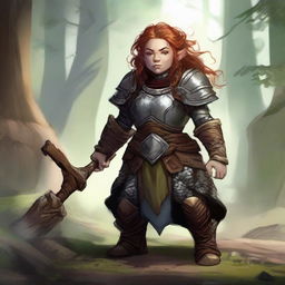 An unarmed female dwarf, a master of earth and wood bending, dressed in formidable heavy armor, exerts her elemental control causing wooden splinters and rocks to float and gyrate around her.