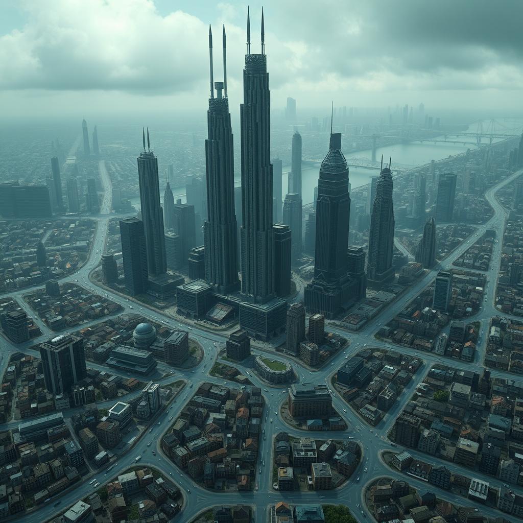 A detailed large city map of a dystopian city, featuring a central Money District filled with towering skyscrapers and bustling streets