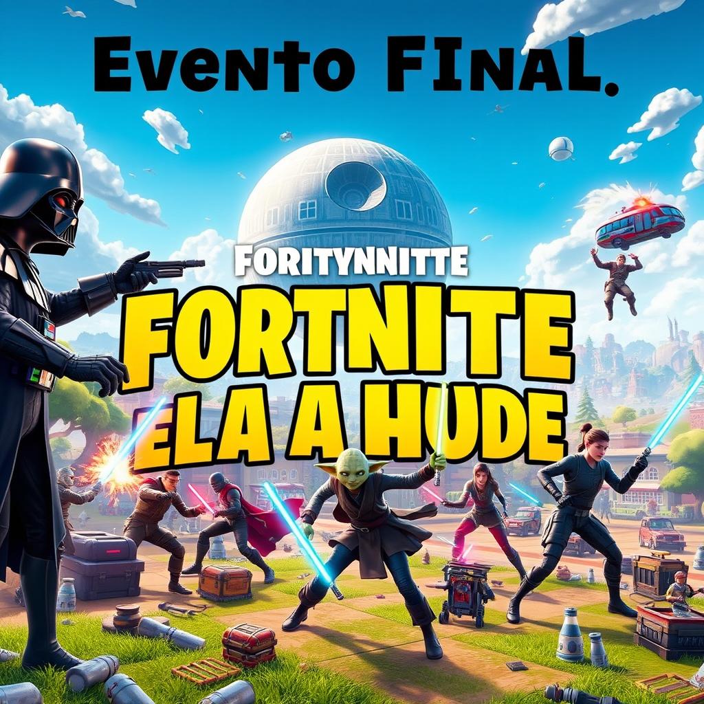 A stunning visual for a Fortnite live event featuring the Death Star, known as 'Estrella de la Muerte', prominently displayed in the sky above a Fortnite landscape