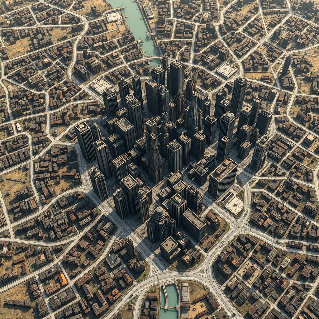 A detailed large city map of a dystopian city featuring a central Money District with towering skyscrapers, surrounded by a dense network of streets