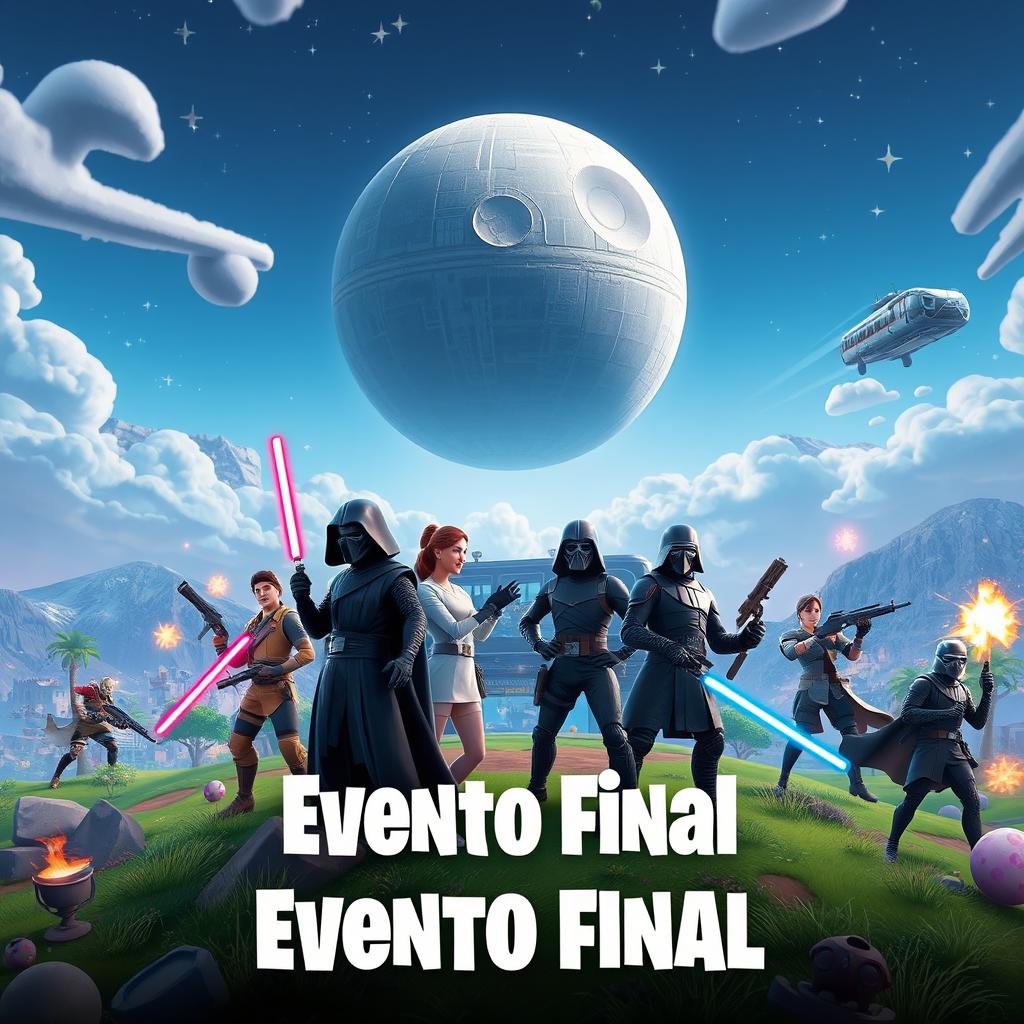 A captivating scene depicting a Fortnite live event titled 'Estrella de la Muerte Evento Final', showcasing the Death Star in the sky above a colorful Fortnite landscape