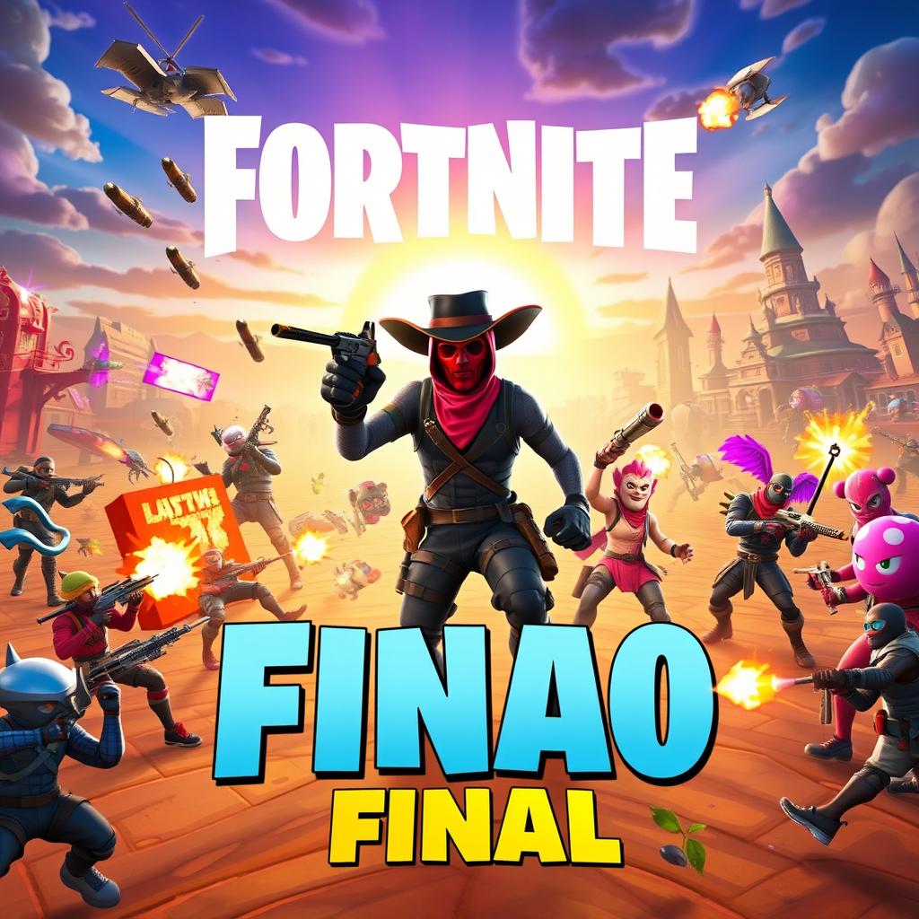 An epic scene depicting the 'Bandidos Evento Final' in Fortnite, showcasing a vibrant battlefield filled with action and iconic Fortnite bandidos (bandits)