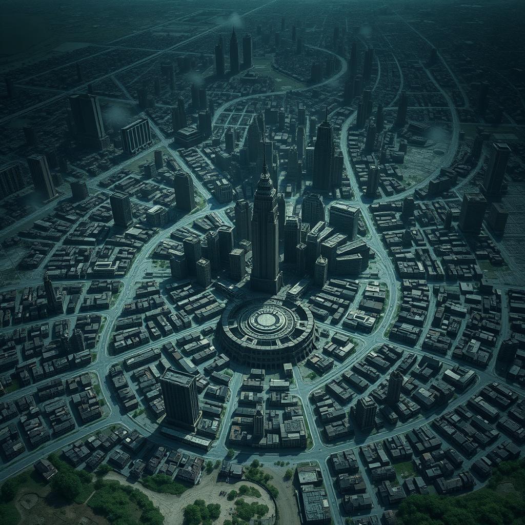 A detailed, large city map depicting a dark, dystopian city setting