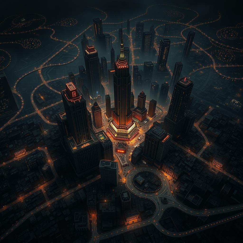 A large, detailed city map depicting a dark, dystopian cityscape