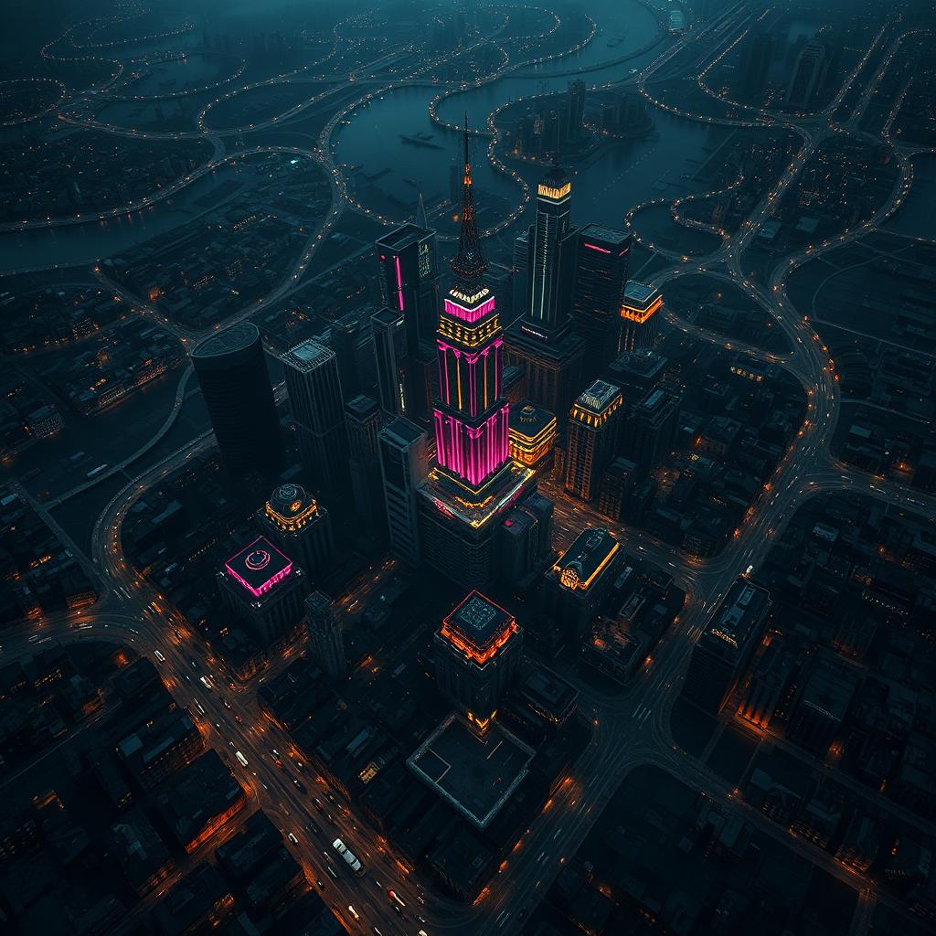 A large, detailed city map depicting a dark, dystopian cityscape