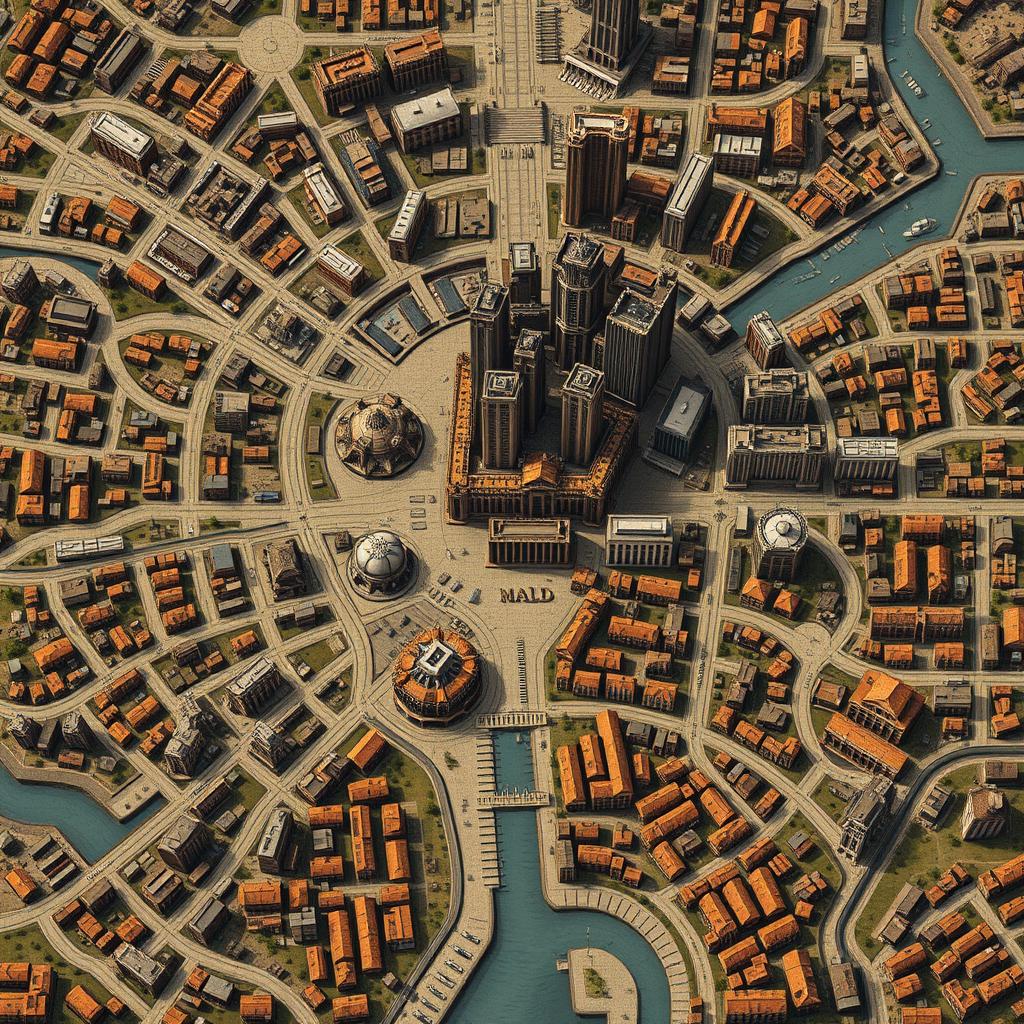 A detailed large city map of a dystopian city, featuring a bustling money district situated at the center with skyscrapers and luxurious stores