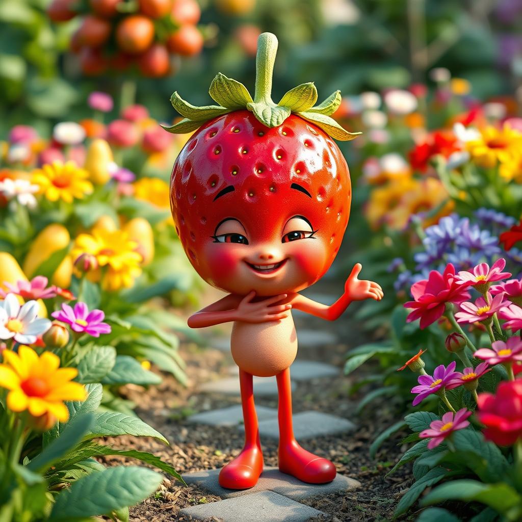 A whimsical character with a human body and a head resembling a ripe strawberry