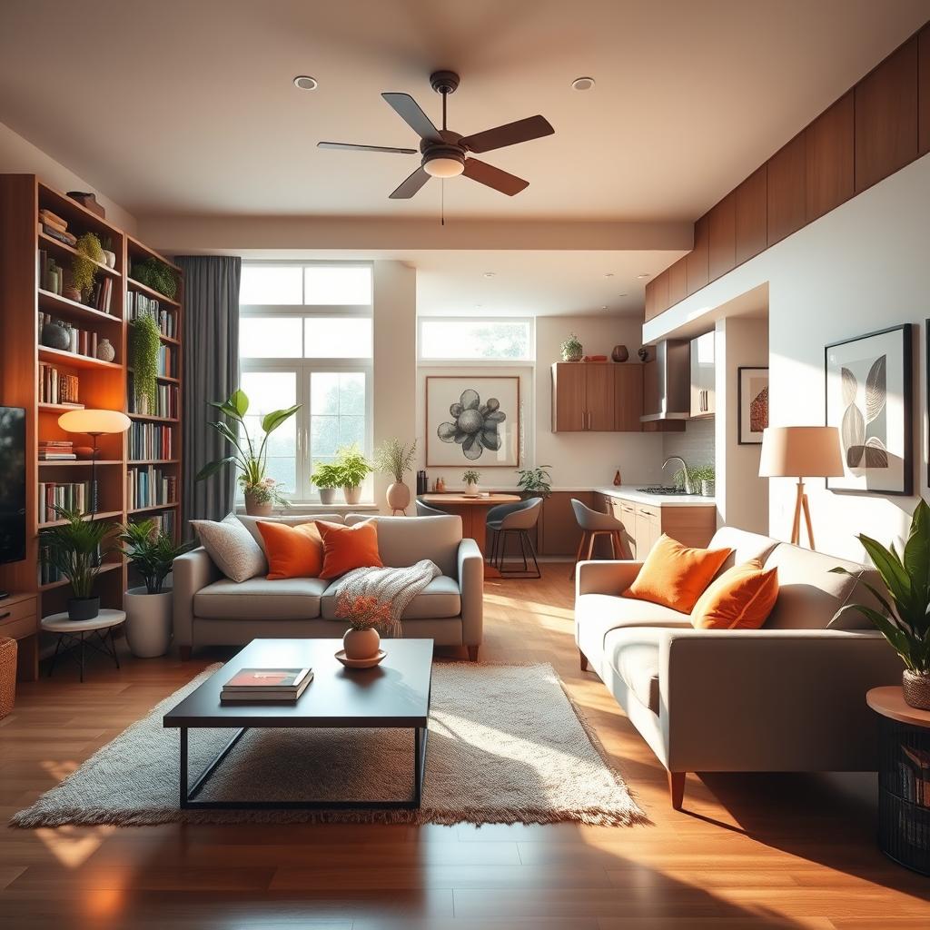 A cozy and inviting interior living room, featuring a comfortable sofa adorned with colorful cushions, a stylish coffee table, and a large bookshelf filled with books