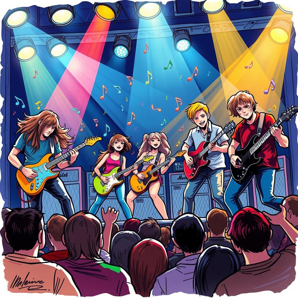 A vibrant and dynamic illustration of a guitarists' concert, capturing the energy of live performances