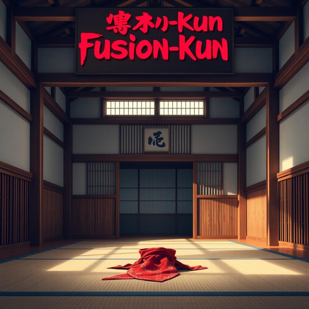 A dojo interior featuring a traditional Japanese aesthetic, complete with tatami mats and wooden beams