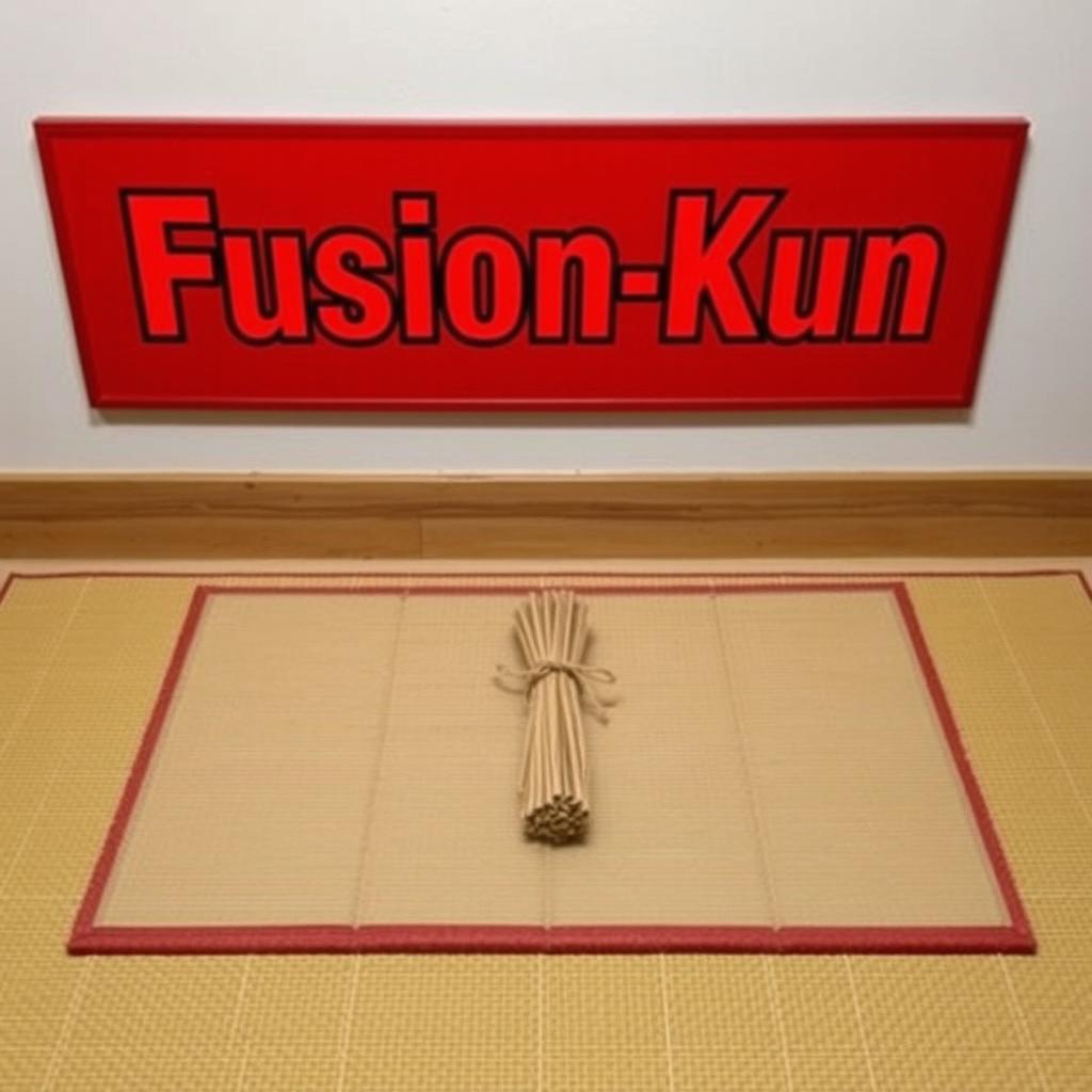 A traditional tatami mat laid flat on the floor, featuring an artistic arrangement of a tied bundle resting upon it