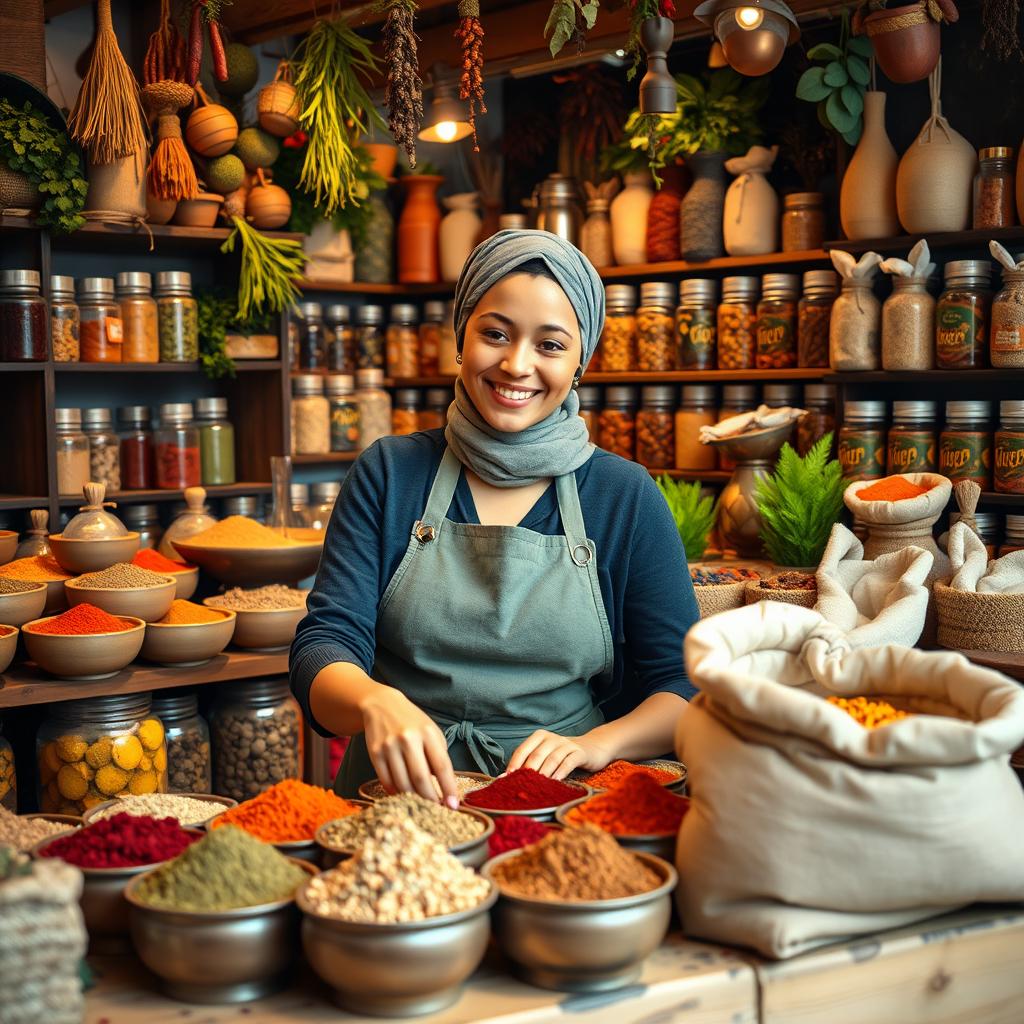 A young woman engaged in a vibrant spice business, surrounded by an array of colorful spice jars and sacks