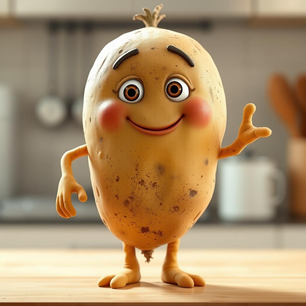 A realistic potato character with hands and legs, textured skin showing natural imperfections and earthy tones