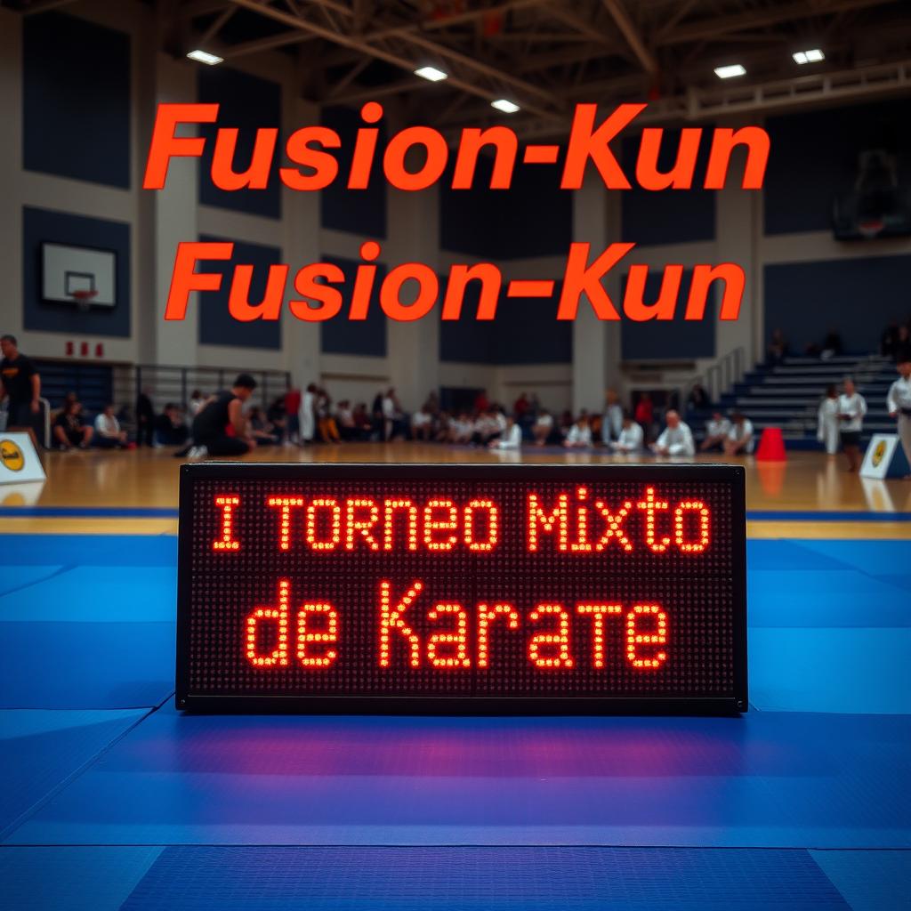 A blue tatami mat situated in a gymnasium, featuring a modern digital sign displaying the text "I Torneo Mixto de Karate" prominently